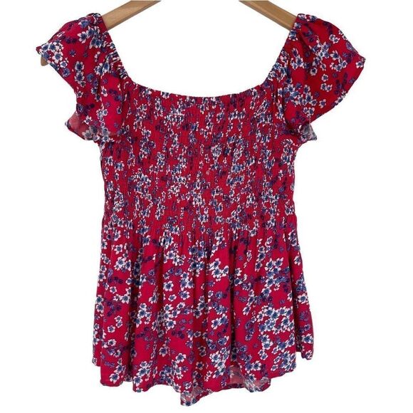 Japna Floral Ruffle Short Sleeve Off The Shoulder Flowy Top Boho Juniors XS Red - Picture 2 of 5